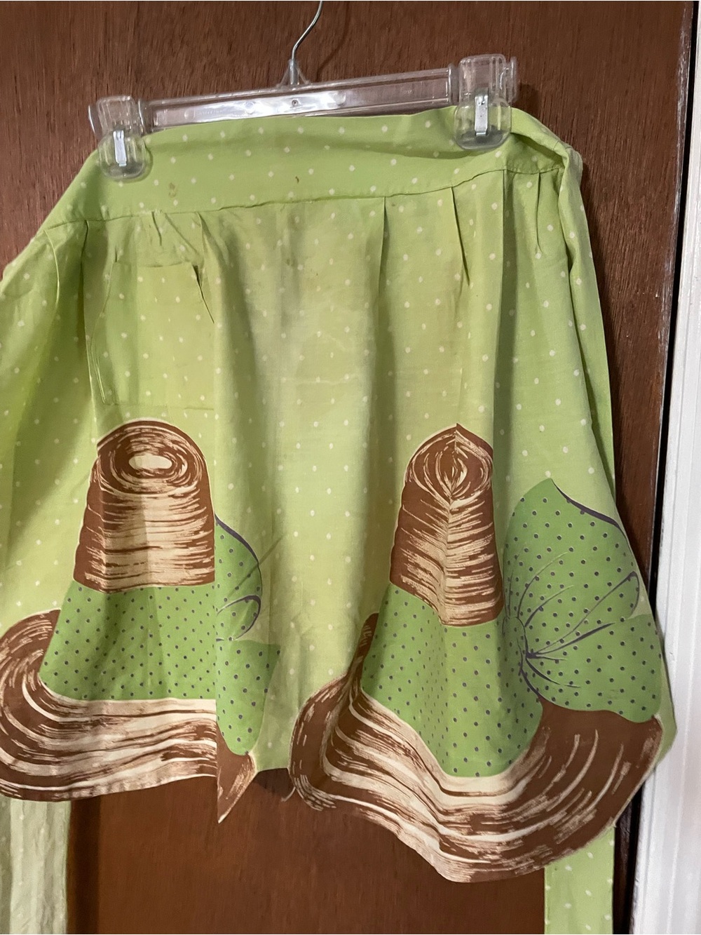 Vintage Lime Green Polka Dot Apron with Brown Trim